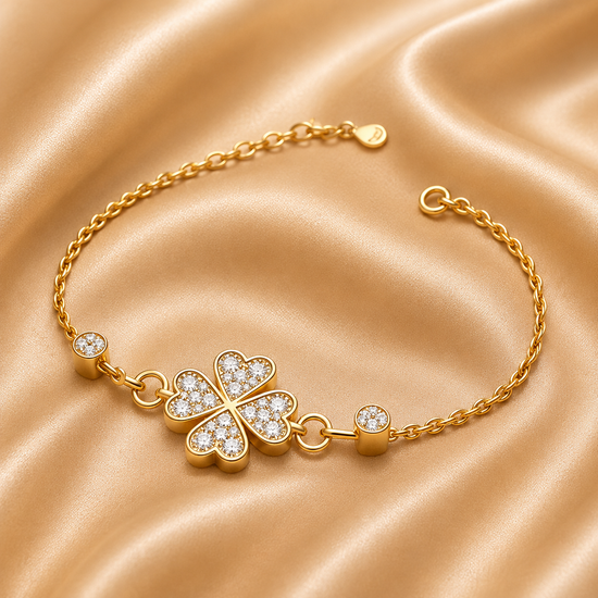 Four Leaf Clover Charm Bracelet, Heart Petal Pave Diamond Gold Bracelet, Dainty Lucky Chain Bracelet, Elegant Gift for Women