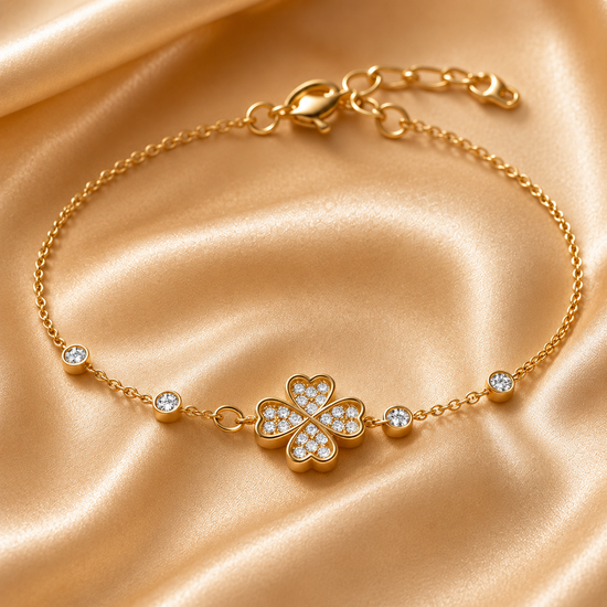 Four Leaf Clover Pavé Bracelet, Dainty Gold Charm Bracelet for Women, Heart Petal Lucky Bracelet with Bezel Diamonds, Gift Jewelry