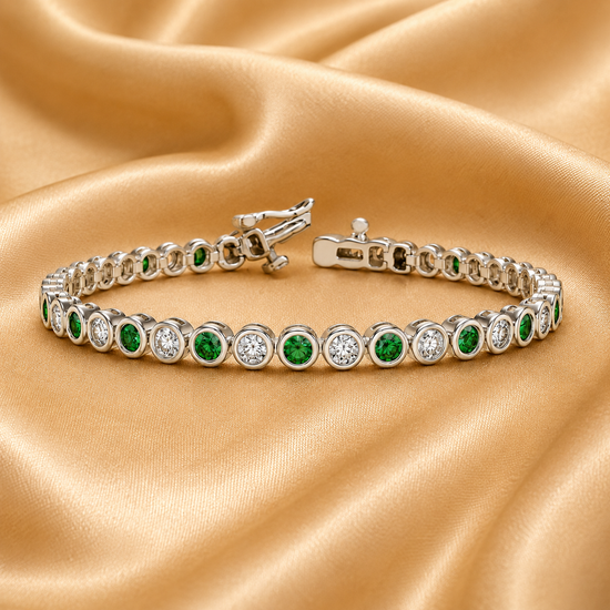 Moissanite Diamond And Green Gemstone Bezel Set Tennis Bracelet for Women, 14KT White Gold Plated, Gemstone Bracelet, Multistone Bracelet