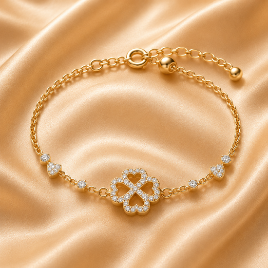 Gold Four Leaf Clover Bracelet for Women, Open Heart Pavé Diamond Charm Bracelet, Adjustable Dainty Lucky Bracelet, Gift Jewelry