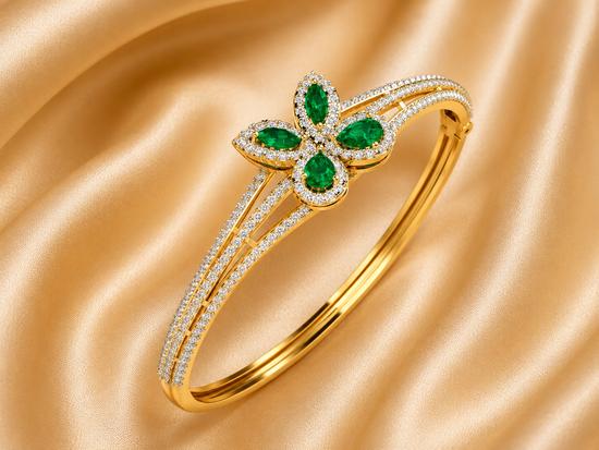 3.00 Ct Green Emerald And White Diamond Bangle Bracelet With 14k Yellow Gold Plated, Gemstone Bangles, Handmad Bracelet, Emerald Bracelet