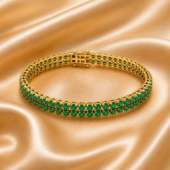 Green Emerald Tennis Bracelet For Women, Handmade 14K Gold Plated Statement Bracelet, Double Row Birthstone Gift Jewelry