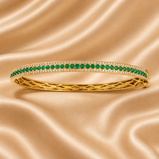 Moissanite Bangle Bracelet for Women • Green Round Emerald Cut Classic Bangle Bracelet for Her • Anniversary Gift • Three Row Bangle •