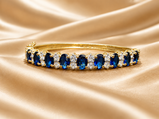 7.50 CARAT SAPPHIRE OVAL And Moissanite Diamond Wedding Bracelet,Half Eternity Bangle, Sapphire Bracelet,Anniversary Gifts, Handmade jewelry