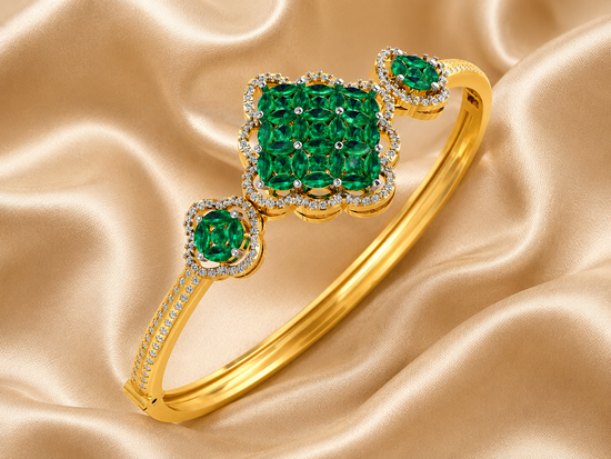 Handmade Bracelet, Emerald Bracelet, 4.00 Ct Green Emerald Marquise Cut Moissanite And Diamond Bangle Bracelet With 14k Yellow Gold Plated