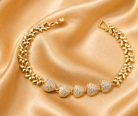 Heart Bracelet, Moissanite Diamond Heart Bracelet, Tennis Heart Bracelet, Perfect Gift For Women, 14KT Yellow Gold Plated, Size-5-12 inches