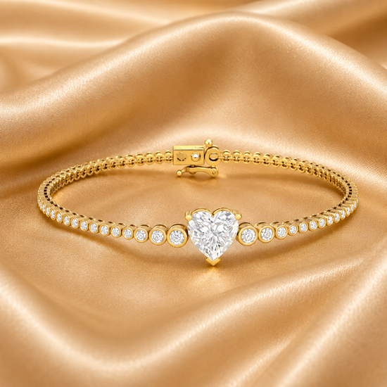 Heart Diamond Gold Bracelet, Dainty Bezel Set Tennis Bracelet, Handmade Gift for Her, Adjustable Elegant Bangle for Women