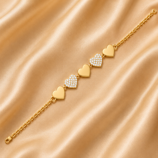 Heart Shape Bracelet For Women • 14KT Yellow Gold Over 925 Sterling Silver • Perfect Gift For Women • Size-5-12 Inches • Lobster Fish Lock