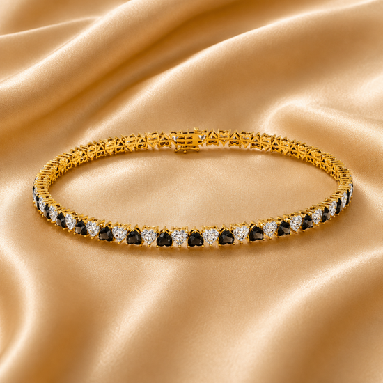 Heart Shape Tennis Bracelet for Women • Black & White Stone Gold Bracelet • Romantic Statement Jewelry • Gift for Her