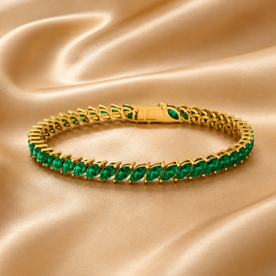 Marquise Emerald Vine Bracelet • Gold Leaf Style Tennis Bracelet for Women • Handmade Gemstone Jewelry • Elegant Gift for Her