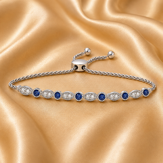 Moissanite Bolo Bracelet, Blue Sapphire and White Moissanite Gemstone Bolo Bracelet, Adjustable Bolo Bracelet, Perfect Gift For Women