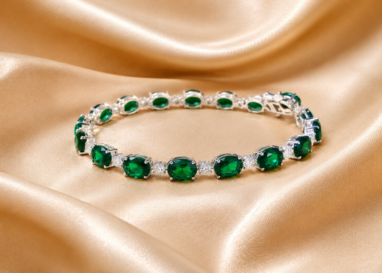 Oval Gemstone Tennis Bracelet • White Round Moissanite Diamond and Green Oval Gemstone Tennis Bracelet For women • Size-5-12 Inches • Gift