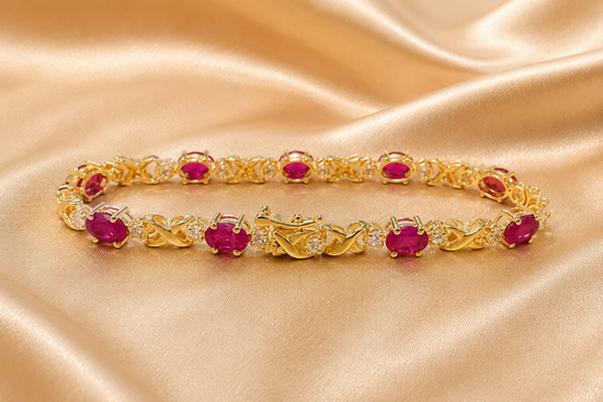 Oval Ruby Tennis Bracelet for Women • 6 x 4 Ruby and White Moissanite Silver Tennis Bracelet • Anniversary Gift Size-7"• Statement Bracelet