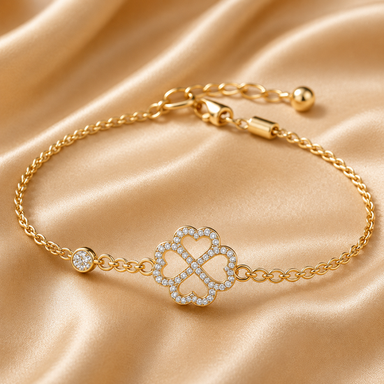 Open Clover Heart Bracelet for Women, Four Leaf Clover Gold Bracelet, Pavé Outline Charm Bracelet, Dainty Adjustable Gift Jewelry