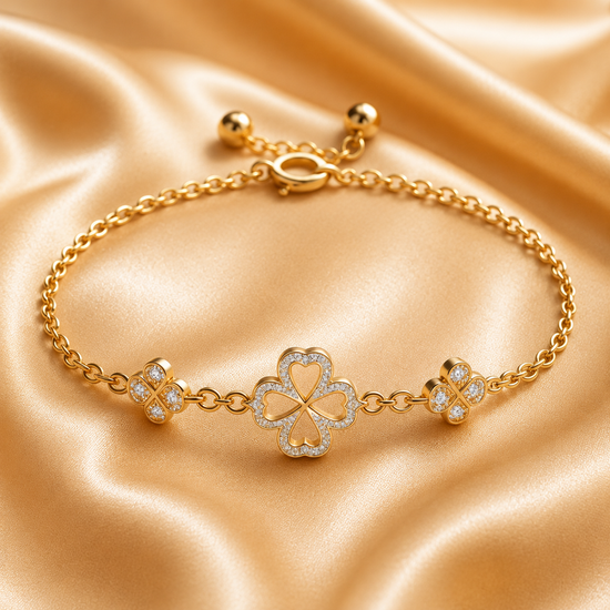 Open Clover Heart Bracelet for Women, Gold Four Leaf Clover Charm Bracelet, Pavé Diamond Lucky Bracelet with Side Charms, Gift for Her