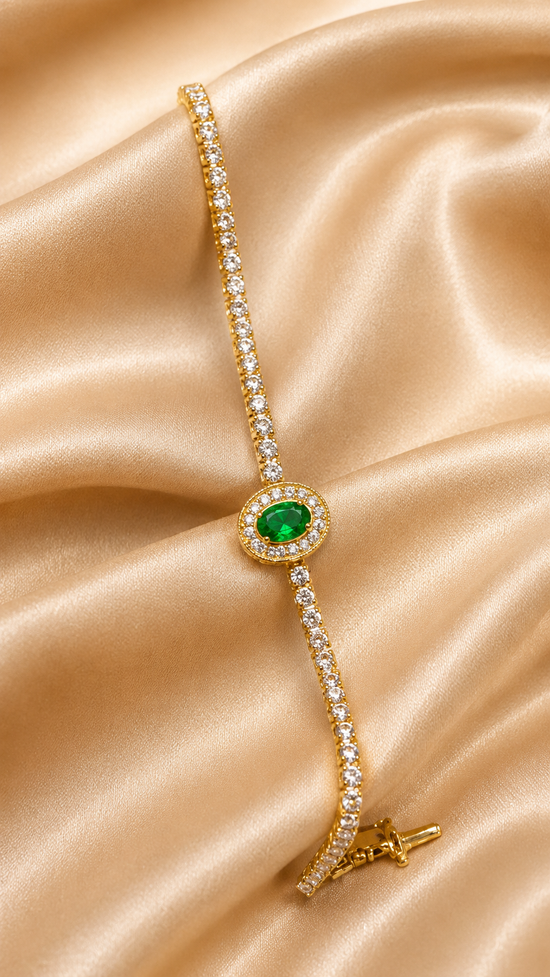 14k Yellow Gold Plated. Oval And Round Cut, Green Emerald And Diamond, Handmade Breacelet, Engagement Wedding Bracelet, Gift For Her