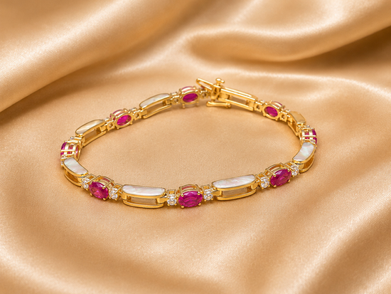 Oval Cut Tennis Bracelet For Women • Timeless White Moissanite  Diamond And Red Oval Cut Ruby Gemstone Tennis Bracelet  • Perfect Gift
