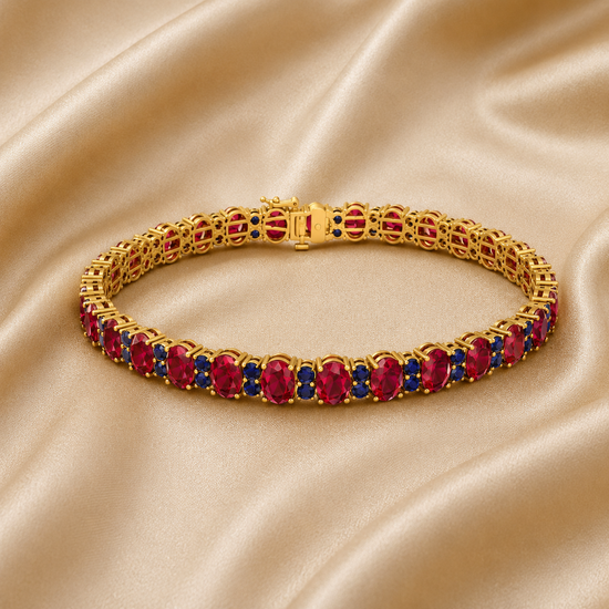 Oval Ruby and Blue Sapphire Tennis Bracelet • Dual Gemstone Gold Bangle • Handmade Bold Jewelry • Statement Gift for Women