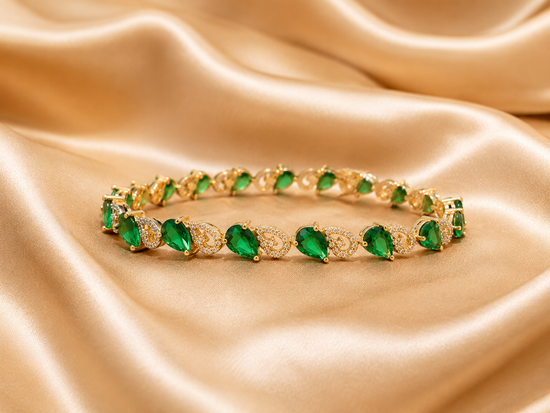 Pear And Round Cut Bangle Bracelet, Emerald & Diamond Bangle Bracelet, Handmade Bracelet, 14k Yellow Gold Plated, Valentine Day Gift For Her