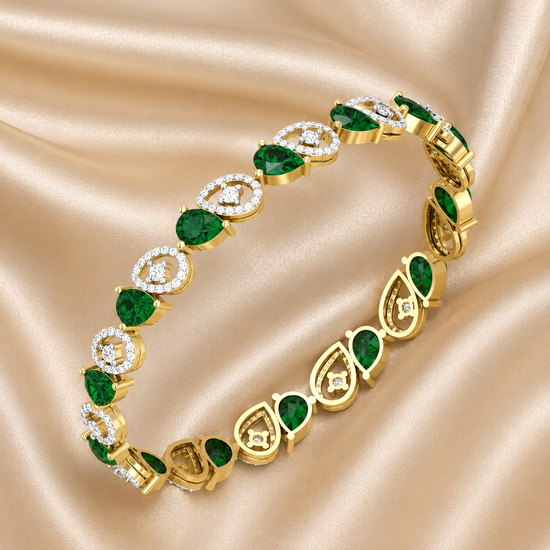 1.50 CT Pear Emerald And Moissanite Diamond Bangle Bracelet With 10kt Yellow Gold Over Silver,Silver Bangle Bracelet, Gift For Her