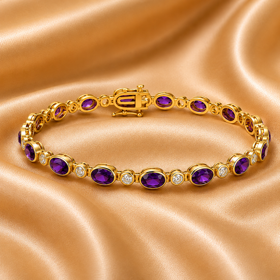 Purple Gemstone Tennis Bracelet for Women • Gold Oval Amethyst Style Bracelet • Dainty Elegant Jewelry • Birthday and Bridesmaid Gift