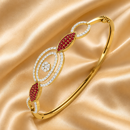 RUBY AND WHITE Diamond  Bangle Bracelet With 10kt Yellow Gold Over Silver, Diamond Bangles, Handmade Ruby Bangles Braccelet, Gift For Her