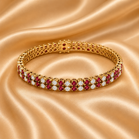 Ruby Diamond Tennis Bracelet For Women, Handmade 14K Gold Plated Gift Jewelry, Dainty Red White Gemstone Bangle for Her
