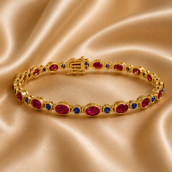 Ruby and Sapphire Tennis Bracelet • Oval Red and Blue Gemstone Bracelet • Delicate Gold Finish Bridal Jewelry • Gift for Her