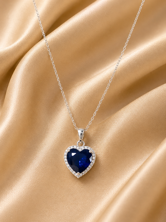 Sapphire Heart Pendant • Moissanite & Sapphire Heart Pendant, Classic Heart Pendant, 14KT White Gold plated • Valentines Day Gift For Her