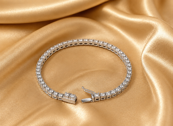 Moissanite Tennis Bracelet for Women, White Gold Plated CZ Bracelet, 4MM Round Stones, Dainty Sparkly Jewelry Gift, Adjustable 7 Inch
