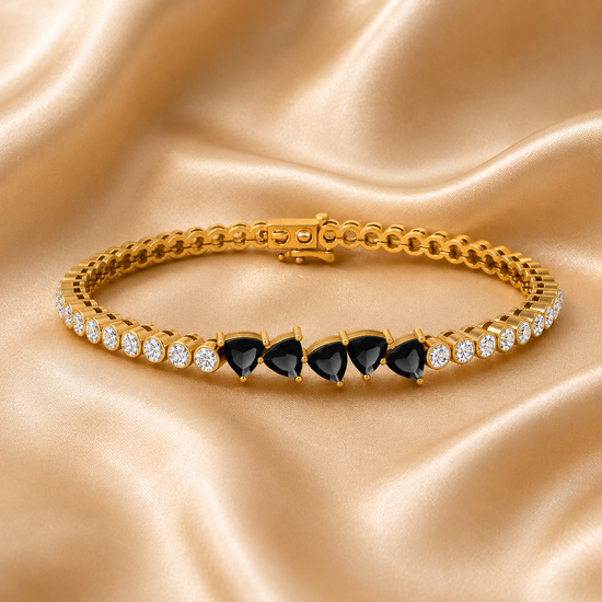 Trillion Black Gemstone Bracelet with Diamonds • Gold Bezel Tennis Bracelet • Handmade Elegant Jewelry Gift for Women • Modern Statement