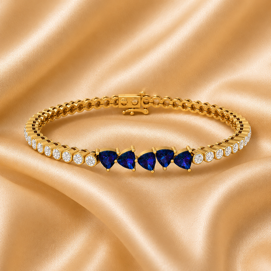 Trillion Blue Sapphire and Diamond Bracelet • Gold Bezel Set Tennis Bracelet for Women • Handmade Fine Jewelry • Elegant Gift for Her