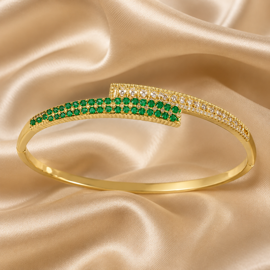 Two row Diamond Bangle , Green Emerald and White Moissanite Diamond Bangle, 14KT Yellow gold Plated, Perfect Gift For Women