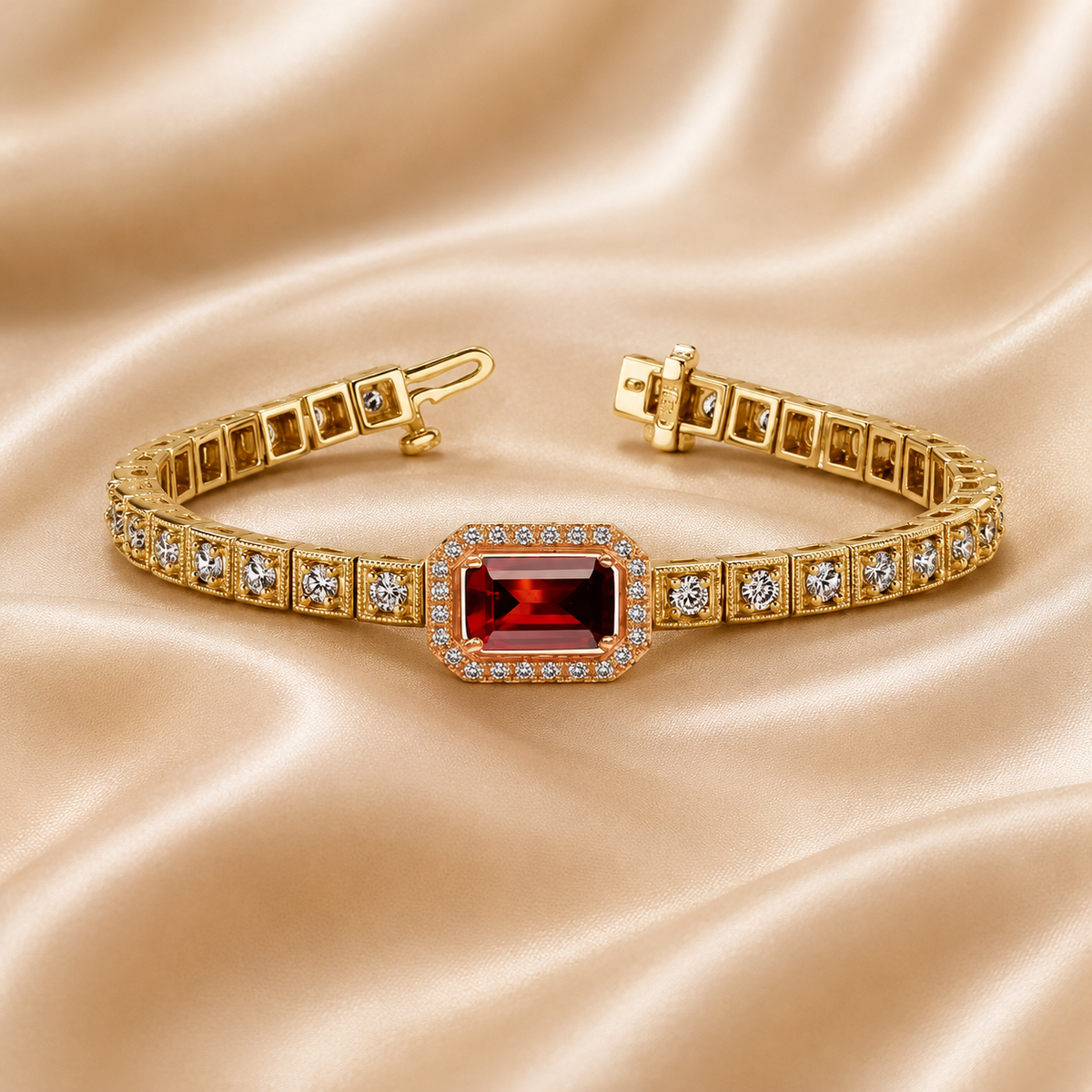 Gold-toned diamond bracelet featuring rectangular links with round diamonds and a central rectangular red gemstone surrounded by a halo of diamonds, displayed on champagne satin.