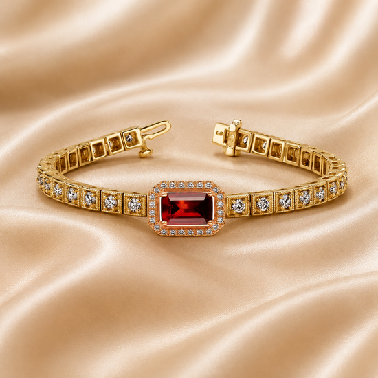 Art Deco Bracelet, Vintage Red Ruby Tennis Bracelet,  Box Bracelet, Square Diamond Bracelets, Gifts For Her, 14KT Gold Plated for women