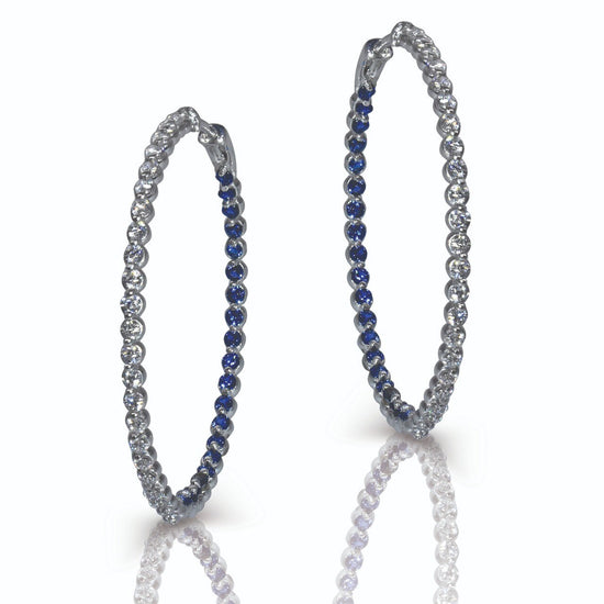 Black Sapphire Hoop Earrings/ Sapphire Inside Outside Hoop Earrings/ Silver Hoops Earrings/ Sapphire Hoops/ Big Hoop Earrings/ Gemstone Hoop