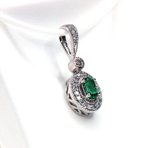 EMERALD PENDANT NECKLACE, Green Emerald and White Round Diamond Pendant Necklace With Miligrain 18"inch in 925 sterling silver for women