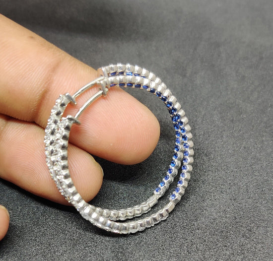 Black Sapphire Hoop Earrings/ Sapphire Inside Outside Hoop Earrings/ Silver Hoops Earrings/ Sapphire Hoops/ Big Hoop Earrings/ Gemstone Hoop