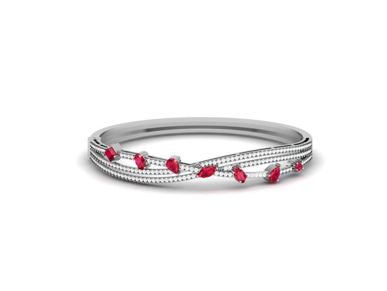 Silver Bangle Bracelet, Handmade , Pear Ruby Diamond Bangle Bracelet With 14kt White Gold On Silver, Everyday bracelet, Mother&