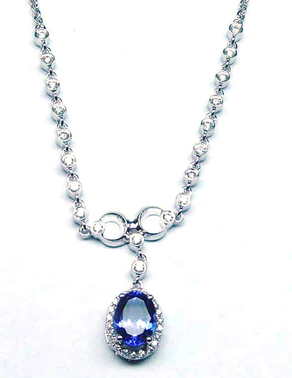Oval Sapphire Necklace,  Bezel Set Chain Necklace, Oval Sapphire Halo Chain Necklace, 18 Inch with Cable Chain, Perfect Gift for women