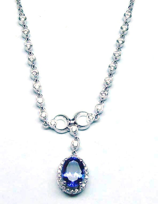 Oval Sapphire Necklace,  Bezel Set Chain Necklace, Oval Sapphire Halo Chain Necklace, 18 Inch with Cable Chain, Perfect Gift for women