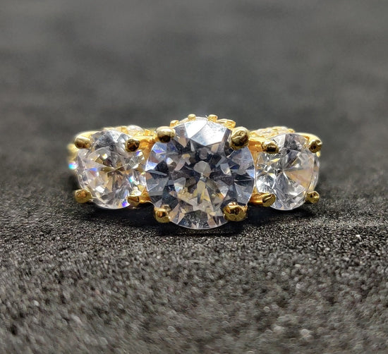 2.50 Carat Moissanite Diamond Three Stone Engagement Ring, Sterling Silver Three Stone Diamond Engagement Ring With 14kt Yellow Gold Plated