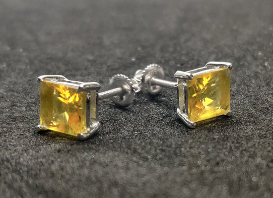 PRINCESS CUT Citrine 1.50CT Diamond Studs Earrings For Her, Yellow Citrine Stud Earrings, Gemstone Stud Earrings, Screwback Citrine Earrings