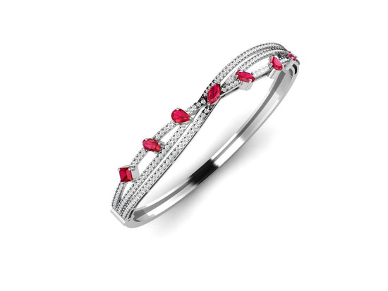 Silver Bangle Bracelet, Handmade , Pear Ruby Diamond Bangle Bracelet With 14kt White Gold On Silver, Everyday bracelet, Mother&