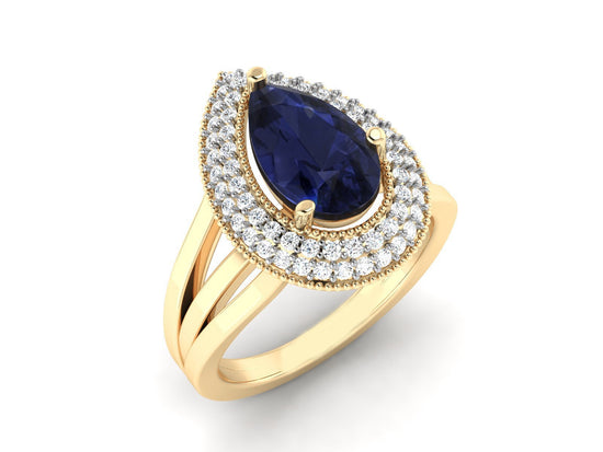 Handmade Ring, 14k Yellow Gold Plated, Gift For Her, Blue Sapphire Ring, 2.50 Ct Blue Sapphire Pear Cut, Moissanite Engagement Ring For Her