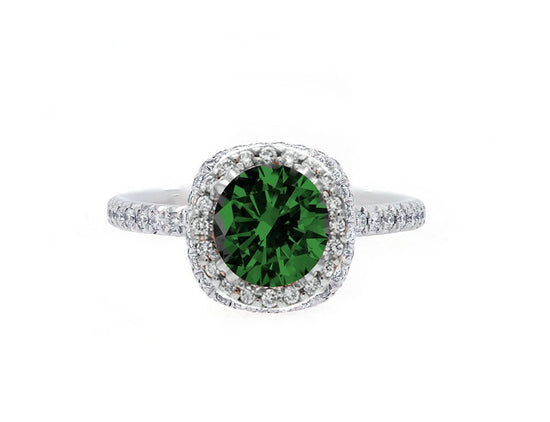 Emerald Sterling Halo Ring, Emerald And Moissanite Diamond Ring, Wedding anniversary gift, May Birthstone Ring, Emerald Promise Ring ,Gifts.