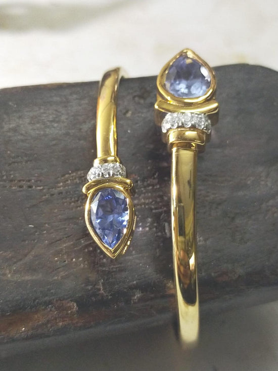 PEAR SAPPHIRE DIAMOND Twisted Bangle Bracelet With 10kt Yellow Gold Finish, Diamond Bangle, Diamond bar bracelet, Bracele,Mother&