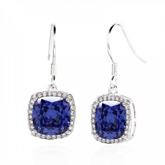 SAPPHIRE DANGLE EARRINGS, Cushion Cut Sapphire Halo Diamond Dangle Drop Earrings, Gifts