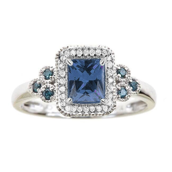 Emerald Cut Sapphire Engangement Ring,  Moissanite Diamond Blue Sapphire ring, Birthstone Ring,  Emerald Cut Halo Engagement Ring for Women