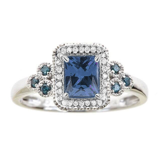 Emerald Cut Sapphire Engangement Ring,  Moissanite Diamond Blue Sapphire ring, Birthstone Ring,  Emerald Cut Halo Engagement Ring for Women